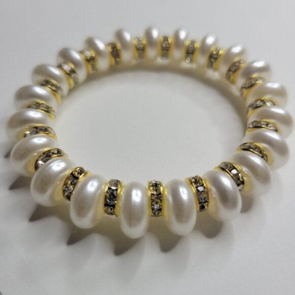 NWT Ladies Pearlescent Beads And Golden Rhinestone Stretch Bracelet S, M, L, XL - Picture 4 of 8